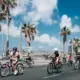 group of kids riding bikes on palm tree lined road